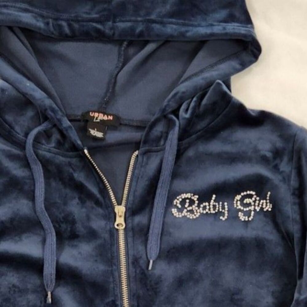 Urban Love Velour Zip Hoodie Jacket Size L Navy Y2K Cropped Rhinestone Lounge